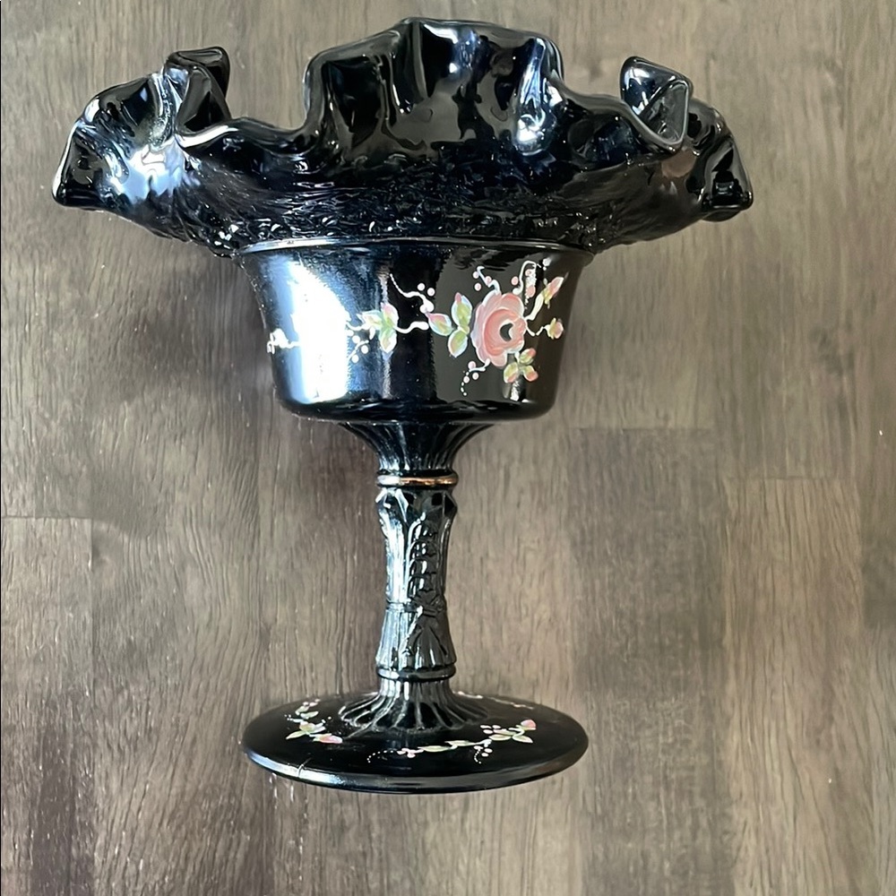 Vintage Fenton Copper Rose Elegant Black Glass Dish with Floral Design